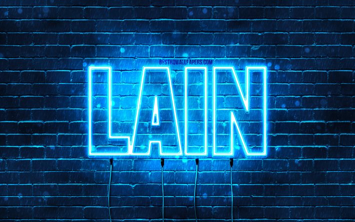 Feliz Anivers&#225;rio Lain, 4k, luzes de n&#233;on azuis, Nome Lain, criativo, Anivers&#225;rio Lain, nomes masculinos japoneses populares, imagem com o nome Lain, Lain
