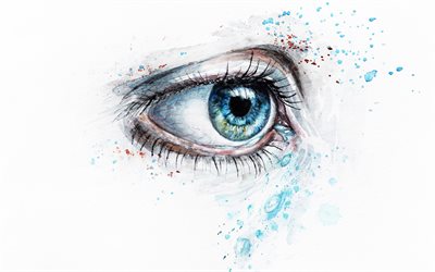 塗られた目, 白背景, 女性の目, 水彩アート, 青い目が描く, ビジョンの概念