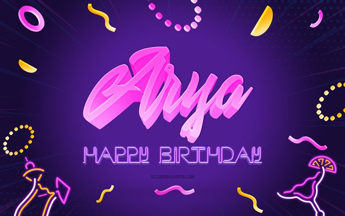 Grattis p&#229; f&#246;delsedagen Arya, 4k, Lila Party Bakgrund, Arya, kreativ konst, Grattis Arya f&#246;delsedag, Arya namn, Arya F&#246;delsedag, F&#246;delsedagsfest Bakgrund