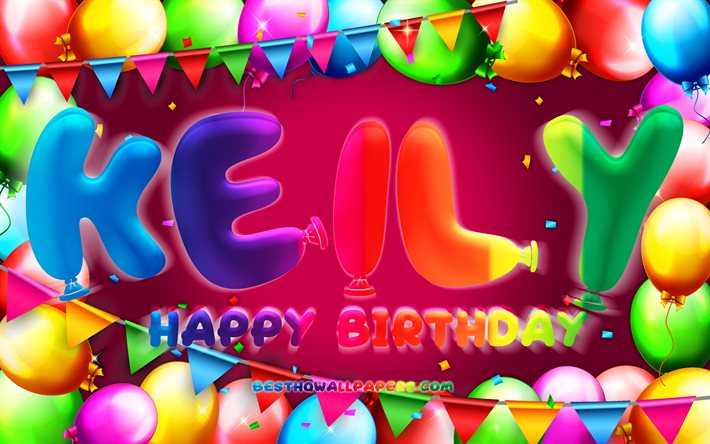 Buon compleanno Keily, 4k, cornice di palloncini colorati, nome Keily, sfondo viola, Keily Happy Birthday, Keily Birthday, nomi femminili americani popolari, concetto di compleanno, Keily