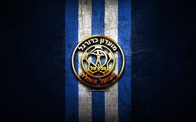 Hapoel Afula FC, golden logo, Leumit League, blue metal background, football, Israeli football club, Hapoel Afula logo, soccer, Hapoel Afula