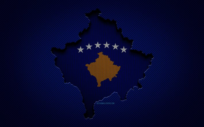 Carte du Kosovo, 4k, pays europ&#233;ens, drapeau du Kosovo, fond bleu carbone, silhouette de la carte du Kosovo, Europe, carte du Kosovo, Kosovo
