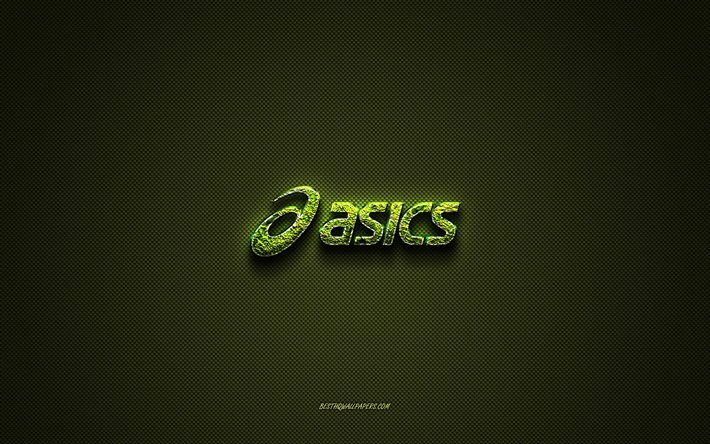 Asics logotyp, gr&#246;n kreativ logotyp, logotyp f&#246;r blomsterkonst, Asics-emblem, gr&#246;n kolfiberstruktur, Asics, kreativ konst