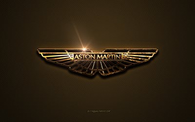 Aston Martin golden logo, artwork, brown metal background, Aston Martin emblem, creative, Aston Martin logo, brands, Aston Martin