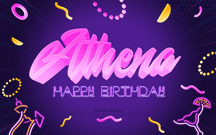 Happy Birthday Athena, 4k, Purple Party Background, Athena, creative art, Happy Athena birthday, Athena name, Athena Birthday, Birthday Party Background