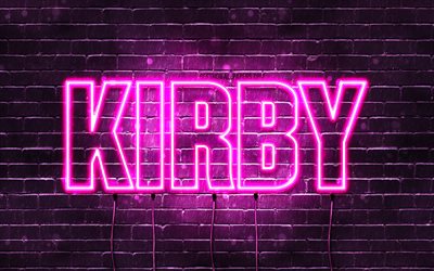 Joyeux anniversaire Kirby, 4k, n&#233;ons roses, nom Kirby, cr&#233;atif, joyeux anniversaire Kirby, anniversaire Kirby, noms f&#233;minins japonais populaires, photo avec nom Kirby, Kirby
