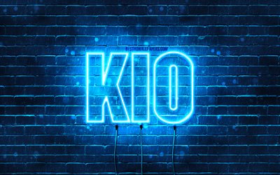 Feliz Anivers&#225;rio Kio, 4k, luzes de n&#233;on azuis, nome Kio, criativo, Kio Feliz Anivers&#225;rio, Kio Anivers&#225;rio, nomes masculinos japoneses populares, foto com o nome Kio, Kio