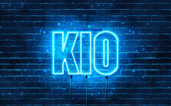 Joyeux anniversaire Kio, 4k, n&#233;ons bleus, nom Kio, cr&#233;atif, joyeux anniversaire Kio, anniversaire Kio, noms masculins japonais populaires, photo avec nom Kio, Kio