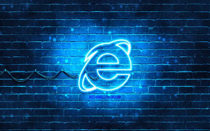 Internet Explorer blue logo, 4k, blue brickwall, Internet Explorer logo, brands, Internet Explorer neon logo, Internet Explorer