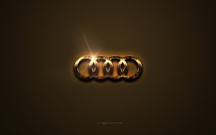 Logotipo dourado da Audi, arte, fundo de metal marrom, emblema da Audi, criativo, logotipo da Audi, marcas, Audi
