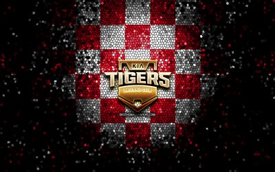 KIA Tigers, glitter logo, KBO, red white checkered background, baseball, South Korean baseball team, KIA Tigers logo, mosaic art
