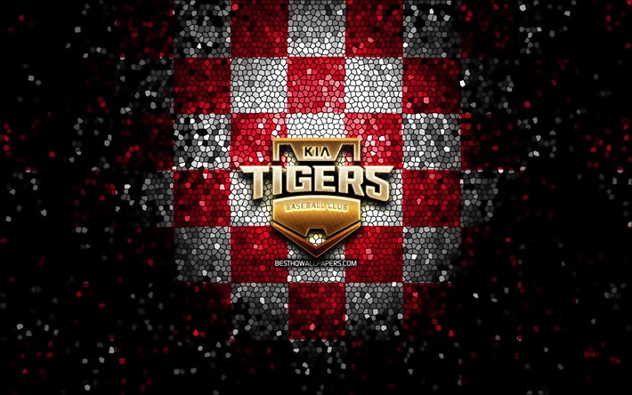 KIA Tigers, logo paillet&#233;, KBO, fond quadrill&#233; blanc rouge, baseball, &#233;quipe de baseball sud-cor&#233;enne, logo KIA Tigers, art de la mosa&#239;que