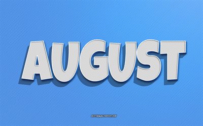 August, blue lines background, wallpapers with names, August name, male names, August greeting card, line art, picture with August name