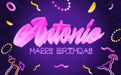 お誕生日おめでとうアントニオ, 4k, 紫のパーティーの背景, アントニオ, クリエイティブアート, アントニオお誕生日おめでとう, アントニオの名前, アントニオの誕生日, 誕生日パーティーの背景