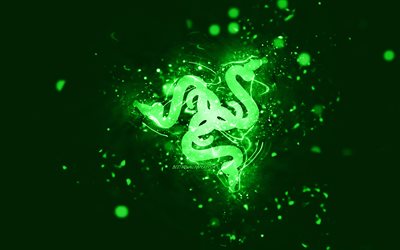 Razer green logo, 4k, green neon lights, creative, green abstract background, Razer logo, brands, Razer