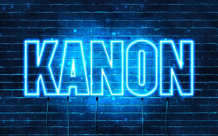 Joyeux anniversaire Kanon, 4k, n&#233;ons bleus, nom Kanon, cr&#233;atif, joyeux anniversaire Kanon, anniversaire Kanon, noms masculins japonais populaires, photo avec nom Kanon, Kanon