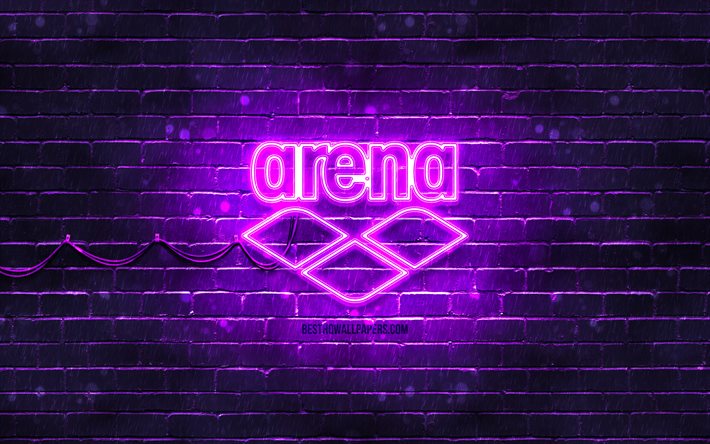 Arena violett logotyp, 4k, violett brickwall, Arena logotyp, varum&#228;rken, Arena neon logotyp, Arena