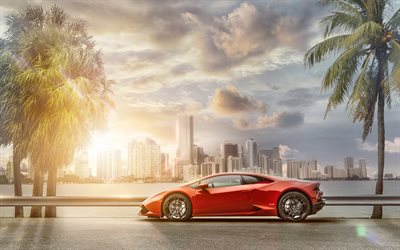 Lamborghini Huracan, 4k, supercars, cityscapes, side view, red Lamborghini Huracan, italian cars, Lamborghini