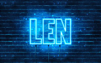 Happy Birthday Len, 4k, blue neon lights, Len name, creative, Len Happy Birthday, Len Birthday, popular japanese male names, picture with Len name, Len