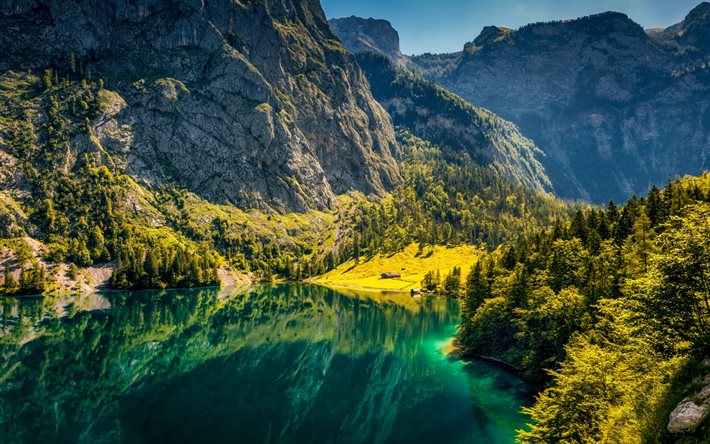 Konigssee, lago di montagna, Alpi Bavaresi, paesaggio di montagna, mattina, Alpi, montagne, Baviera, Germany