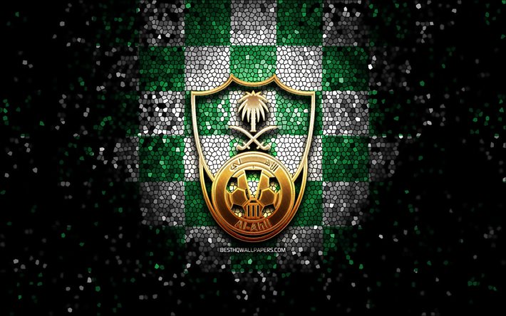 Al-Ahli Saudi FC, parıltılı logo, Suudi Profesyonel Ligi, yeşil beyaz damalı arka plan, futbol, Suudi Futbol Kul&#252;b&#252;, Al Ahli Saudi FC logosu, mozaik sanatı, Al Ahli Saudi FC