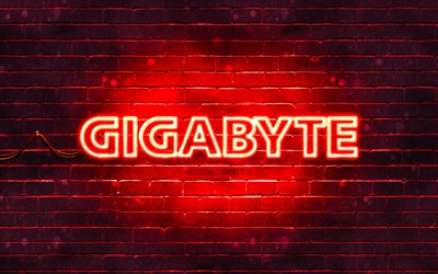 Gigabyte red logo, 4k, red brickwall, Gigabyte logo, brands, Gigabyte neon logo, Gigabyte