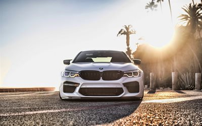 4k, BMW M5, F90, front view, white M5, tuning M5 F90, evening, sunset, German cars, BMW