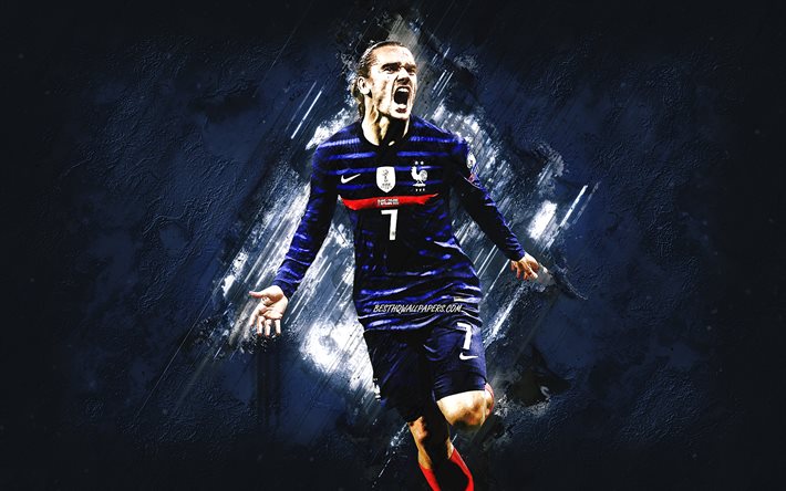 Antoine Griezmann, France national football team, French footballer, portrait, France, football, blue stone background, grunge art