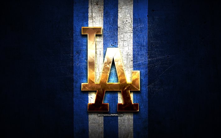 Los Angeles Dodgers emblem, MLB, gyllene emblem, bl&#229; metall bakgrund, amerikanskt basebolllag, Major League Baseball, LA Dodgers, baseball, Los Angeles Dodgers