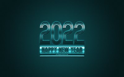 2022 New Year, 2022 turquoise background, 2022 concepts, Happy New Year 2022, turquoise carbon texture, turquoise background