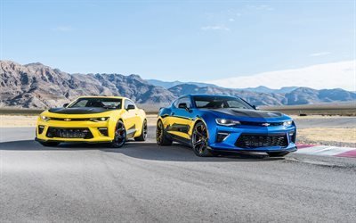 Chevrolet Camaro SS, 2016, Camaro blu, giallo Camaro, sport auto