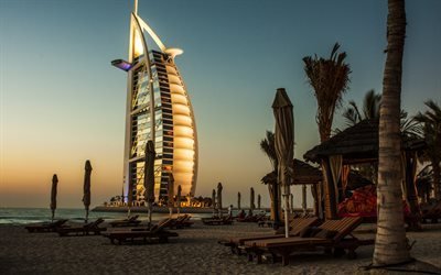 praia, O Burj Al Arab, Hotel, Dubai, Emirados &#193;rabes Unidos, noite
