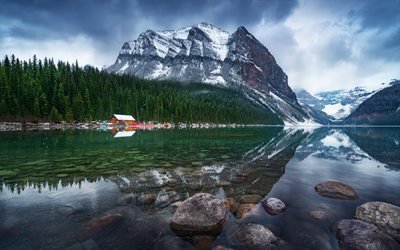 Canada, inverno, lago, montagna, foresta, casa