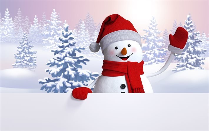 winter, snowman, forest, snow, 3d snowman, Christmas, New Year