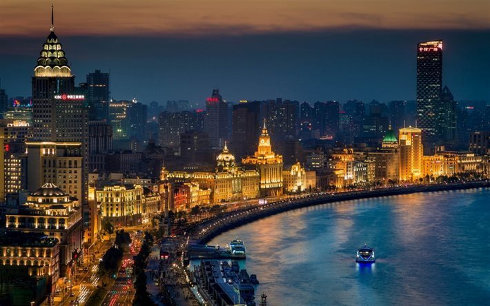 Xangai, noite, aterro, panorama, China, &#193;sia