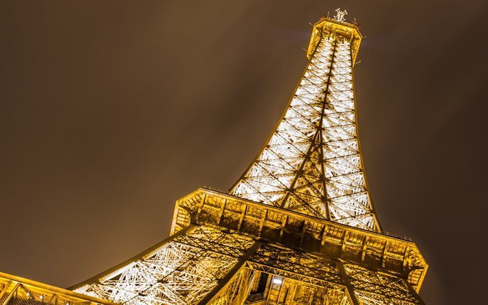 Torre Eiffel, 4k, luzes da noite, Campo de Marte, Fran&#231;a, Paris