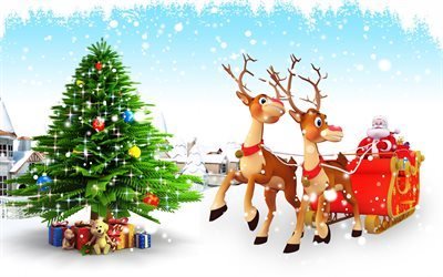 شجرة عيد الميلاد 3d, عيد الميلاد, سانتا كلوز, الرنة, السنة الجديدة, 3D الغزلان