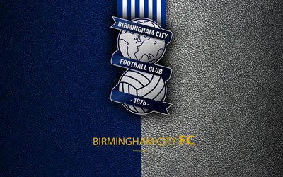 Birmingham City FC, 4K, English Football Club, logo, Football League Championship, leather texture, Birmingham, UK, EFL, football, Second English Division