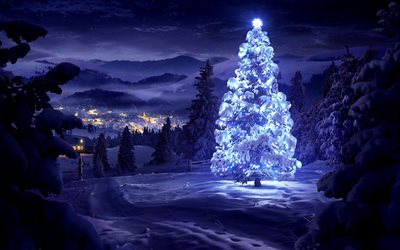 Árbol de navidad, 4k, Año Nuevo, bosque, invierno, Navidad, feliz navidad, Feliz Año Nuevo, árbol de navidad