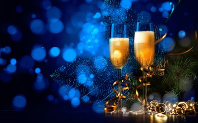 クリスマス, 4k, 新年, シャンパン, 鐘, クリスマスの飾り