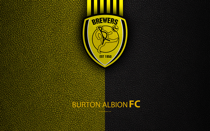 Burton Albion FC, 4K, Clube De Futebol Ingl&#234;s, logo, Liga De Futebol Campeonato, textura de couro, Burton-Upon-Trent, Reino UNIDO, De ingl&#234;s como l&#237;ngua estrangeira, futebol, Segunda Divis&#227;o De Ingl&#234;s