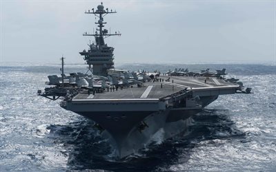 USS Theodore Roosevelt, nuclear-powered aircraft carrier, CVN-71, ocean, warship, front view, US Navy, USA