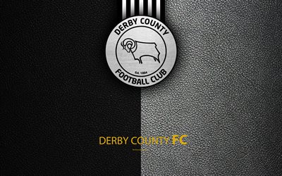 Derby County FC, 4K, English football club, logo, Football League Championship, leather texture, Derby, UK, EFL, football, Second English Division
