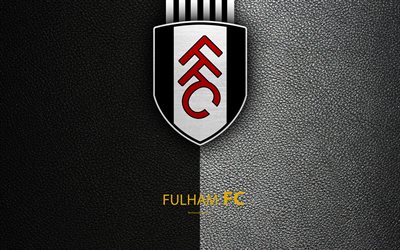 Fulham FC, 4K, English football club, logo, Football League Championship, leather texture, Fulham, UK, EFL, football, Second English Division