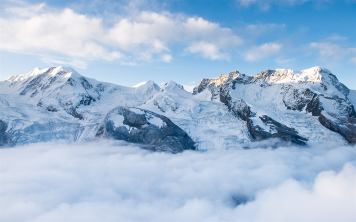 winter mountain landscape, snow, rocks, blue sky, winter