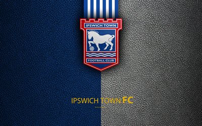 Ipswich Town FC, 4K, English Football Club, logo, Football League Championship, leather texture, Ipswich, UK, EFL, football, Second English Division