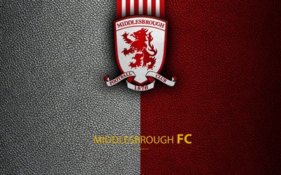 Middlesbrough FC, 4K, English Football Club, logo, Football League Championship, leather texture, Middlesbrough, UK, EFL, football, Second English Division