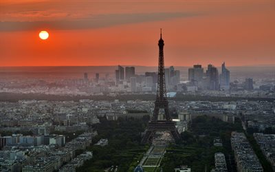 Paris, sunset, Eiffeltornet, 4k, franska landm&#228;rken, Frankrike, Europa