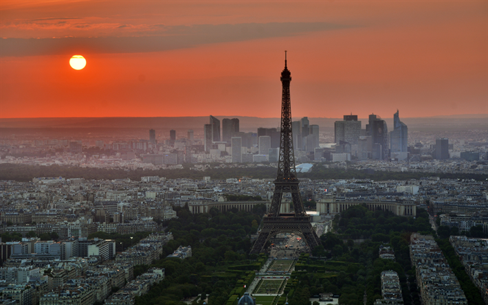 Paris, sunset, Eiffel Tower, 4k, french landmarks, France, Europe
