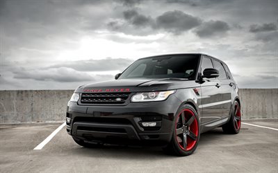 Land Rover, Range Rover Sport, 2017, negro SUV, tuning, negro, rojo ruedas, Nicho de ruedas